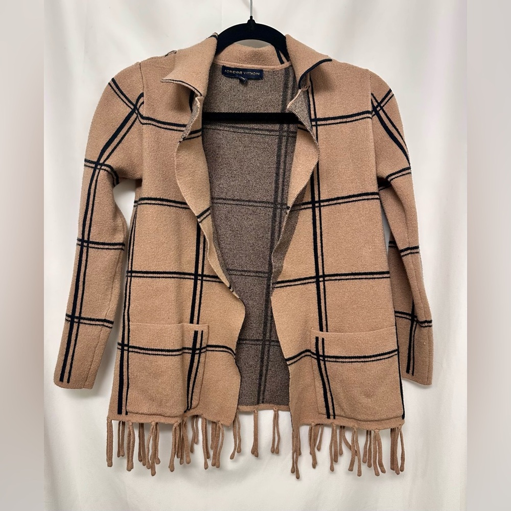 Adrienne Vittadini Plaid Fringe Cardigan Sweater Small Beige Black Open Front
